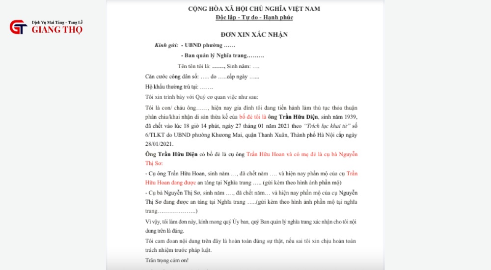 thủ tục mai táng tại TP.HCM cần giấy tờ gì